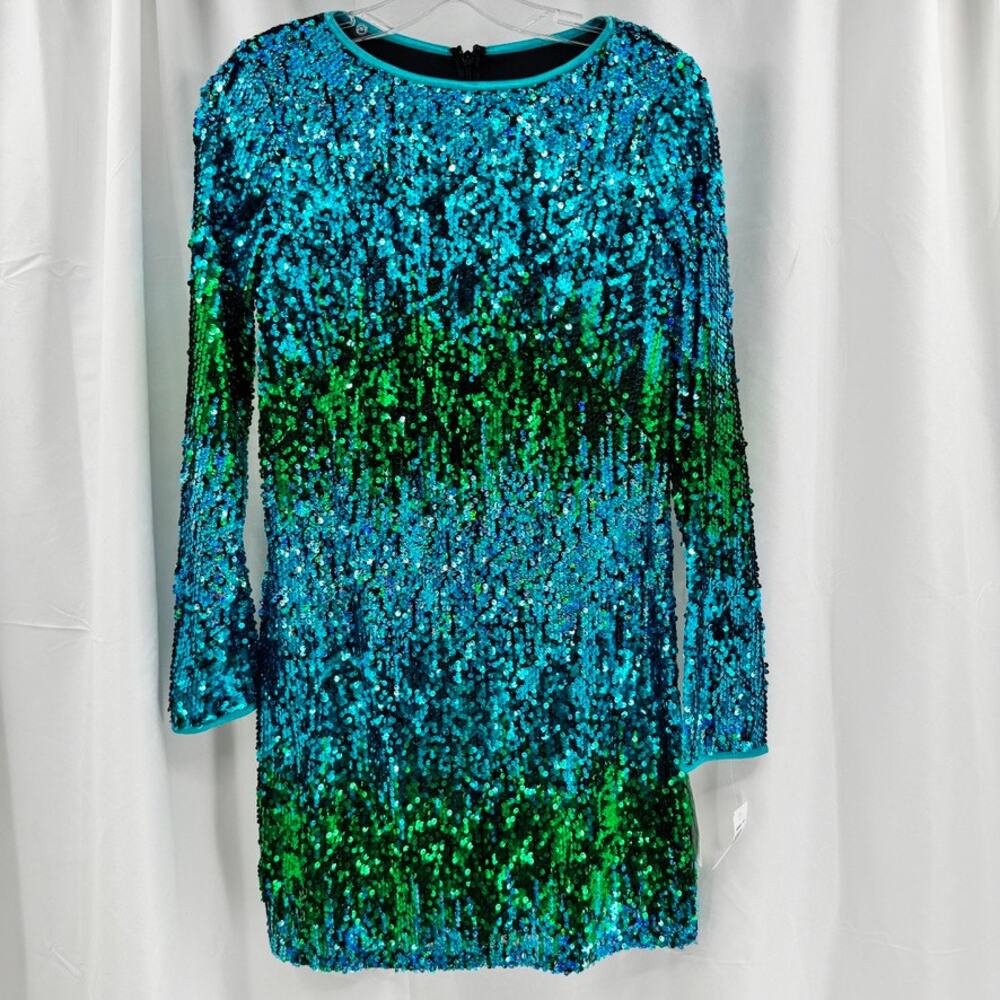 Sho by Tadashi Shoji Sequin Mini Dress LS Sz M Blue Green
